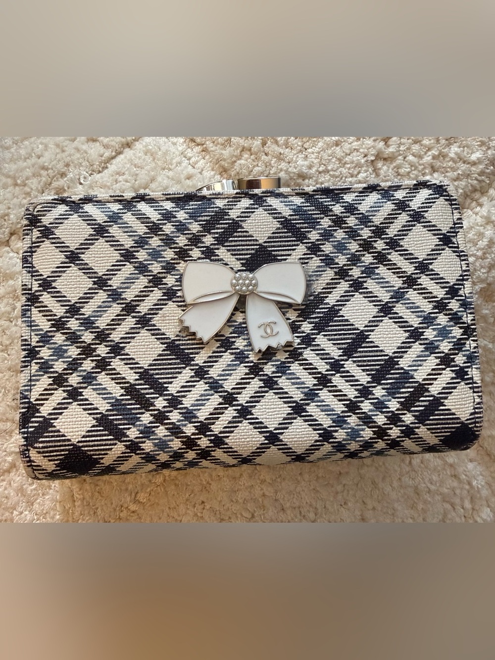 Chic Navy & White Plaid Upcycled Bow charm wallet